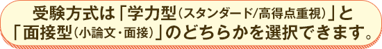 受験方式は「スタンダード/高得点重視」と「小論文・面接」のどちらかを選択できます。